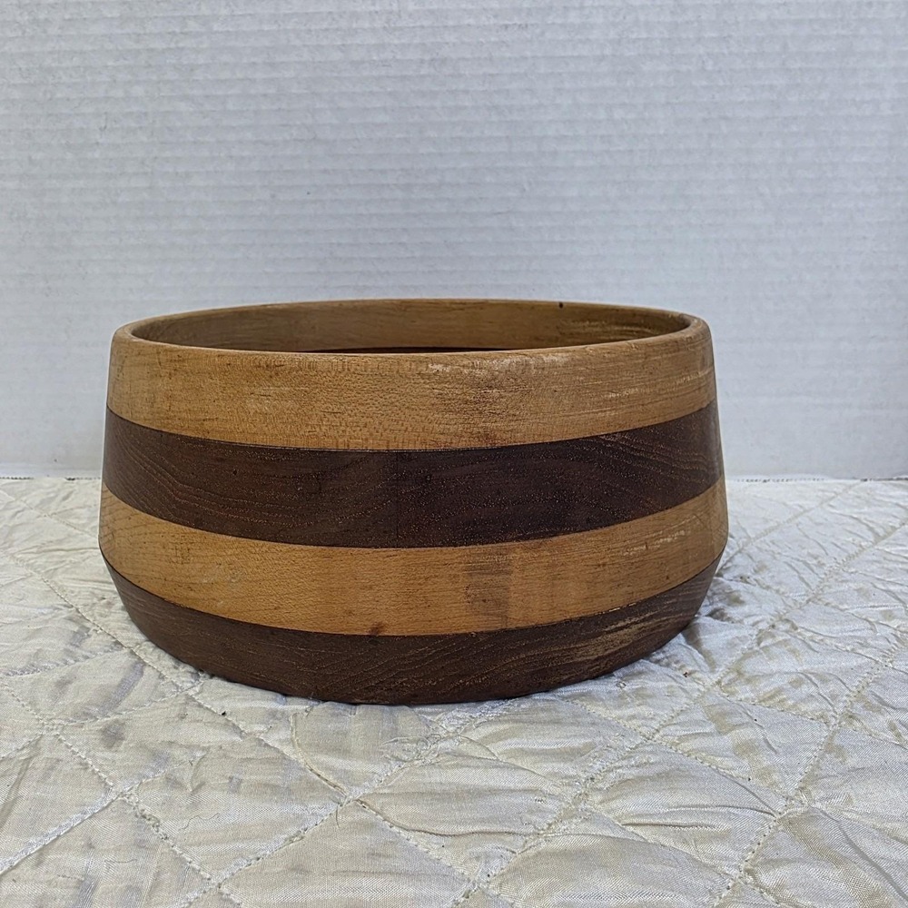 Vintage MCM Handmade Wooden Bowl 2 Tone Horizontal Stripes Maple Walnut Catchall
